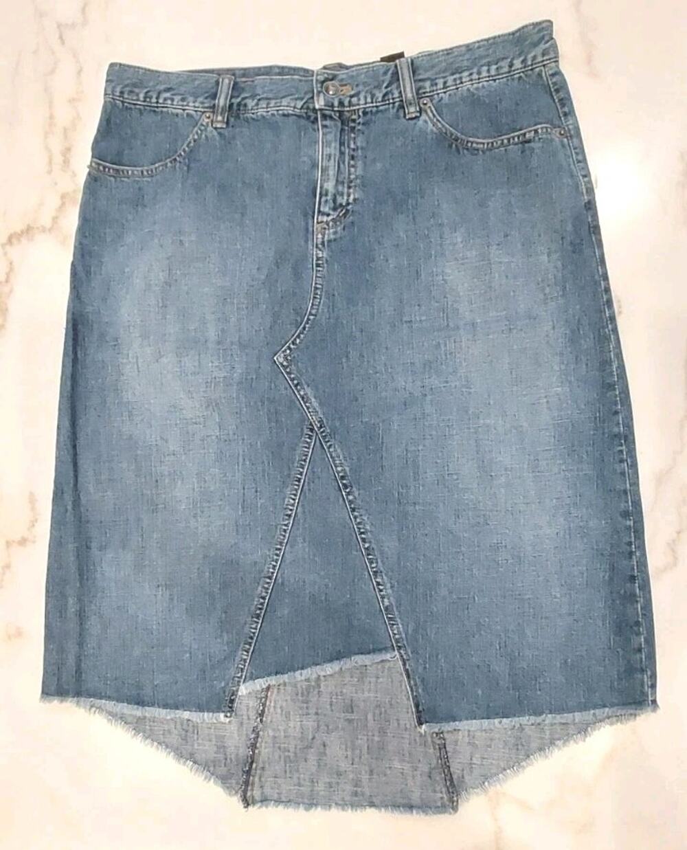 Vintage 90s DKNY Denim Jean Skirt Size 13 Distressed Hem Y2K